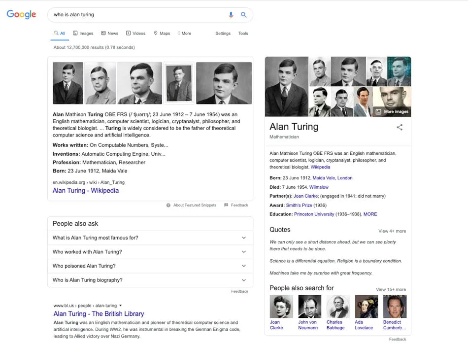 Screenshot of a knowledge graph for the search query "who is alan turing"