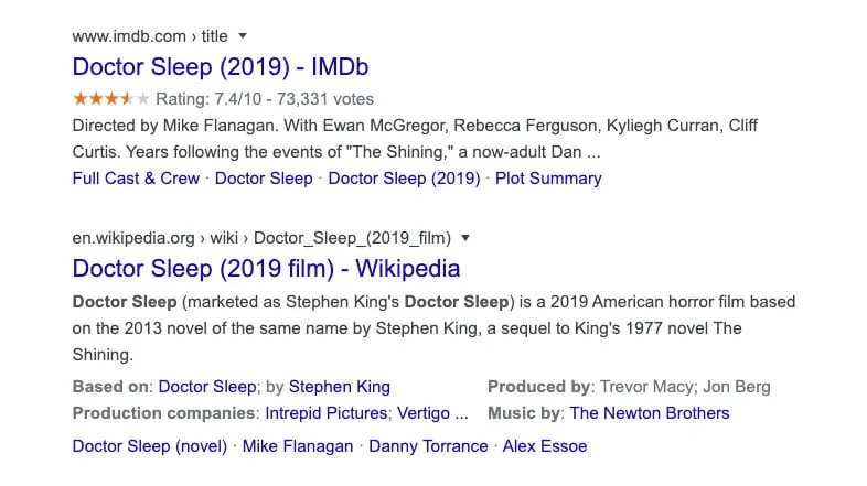 Screenshot of a rich snippet for search query "Doctor Sleep"