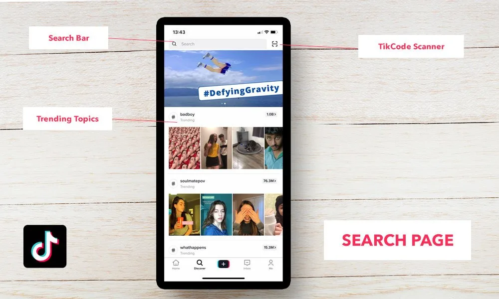 TikTok's search page with parts labelled, on a white table