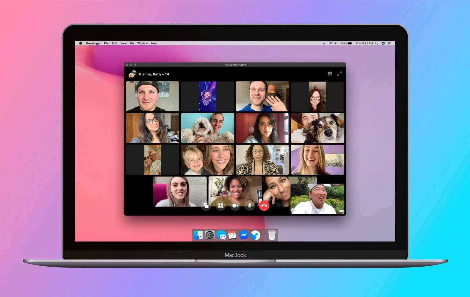 Laptop screen with a Facebook Messenger Rooms call with 16 people