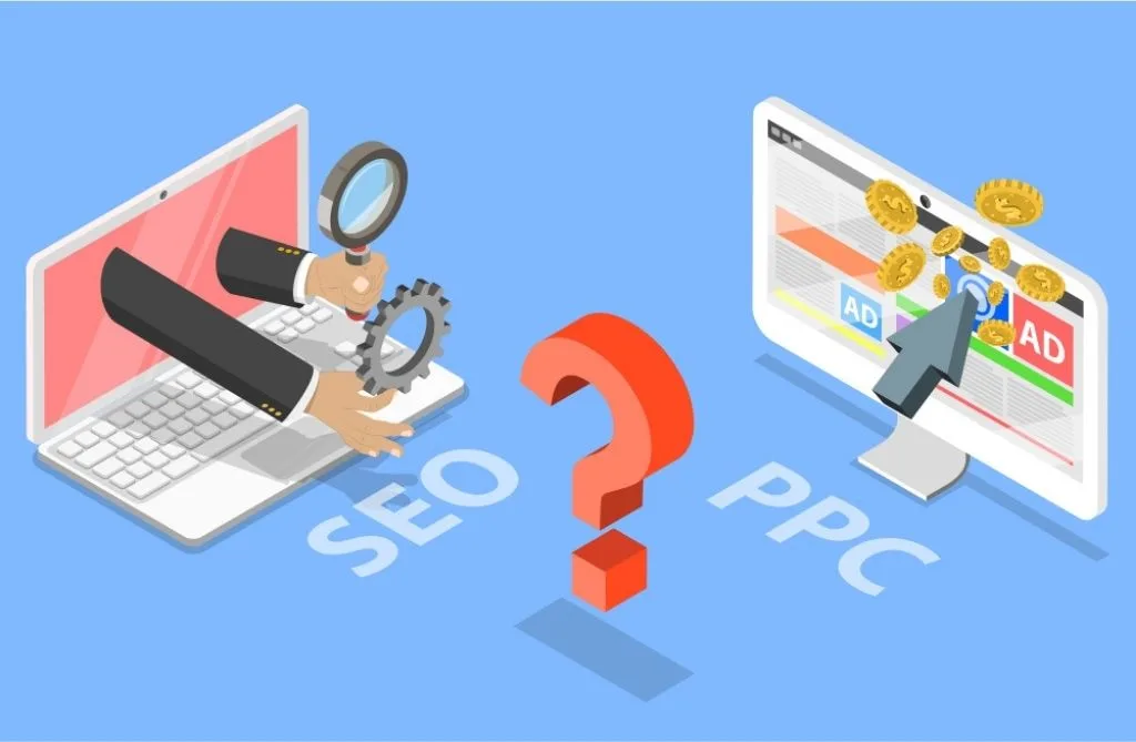 A drawing of two laptops illustrating the differences between SEO and PPC