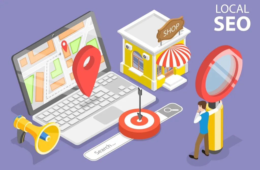 A local SEO graphic drawing with a laptop and various icons