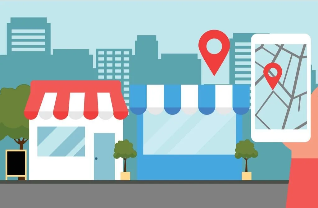 A drawing of a shop with a phone next to it showing its location on Google