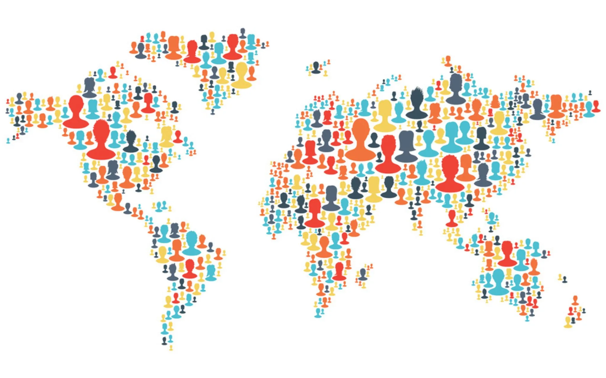 A world map populated by multicoloured silhouettes