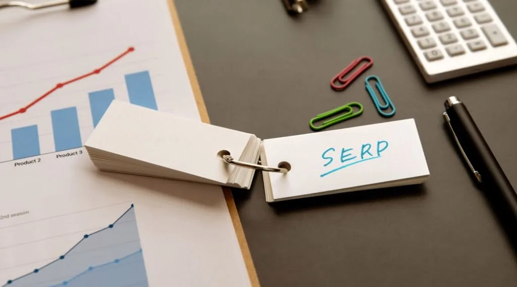 A flip chart on a desk reading SERP