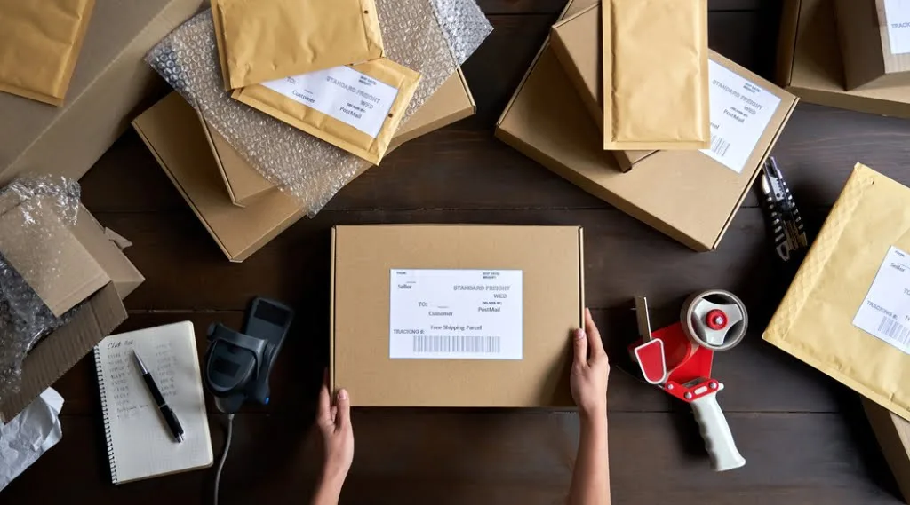 Hands packing a box in a warehouse