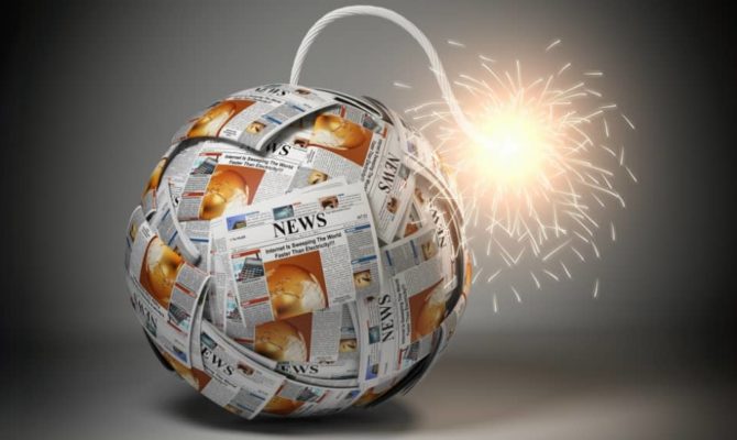 A spherical time bomb made entirely of rolled-up newspaper pages with headlines, lit fuse sparkling, symbolising explosive media attention.