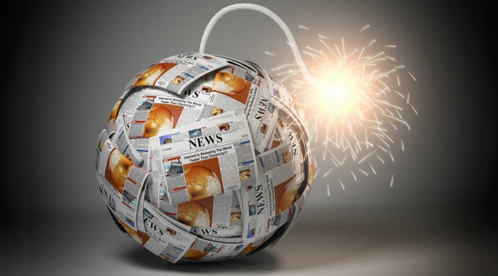 A spherical time bomb made entirely of rolled-up newspaper pages with headlines, lit fuse sparkling, symbolising explosive media attention.