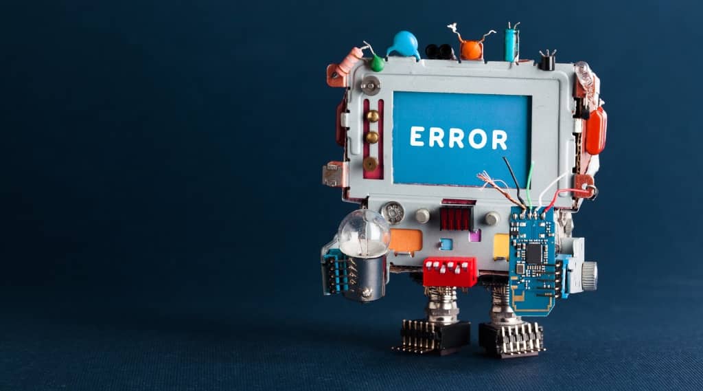 Toy robot with “ERROR” displayed on its screen, symbolising AI for SEO shortfalls and system issues.