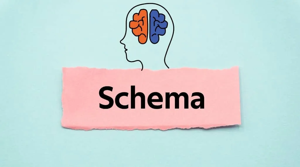 Human head outline with coloured brain above pink strip reading “Schema,” representing schema for AI search results.