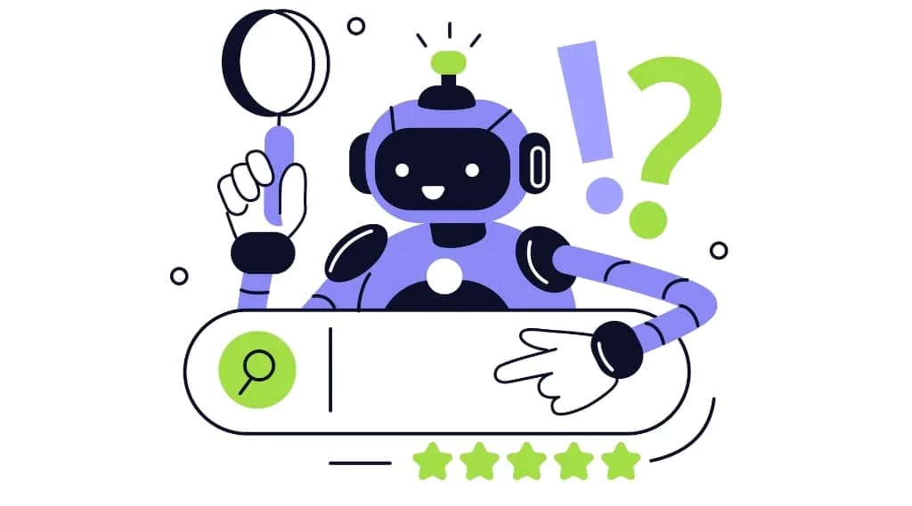 Illustration of AI chatbot holding magnifying glass above a search bar with stars, representing ChatGPT search optimisation.