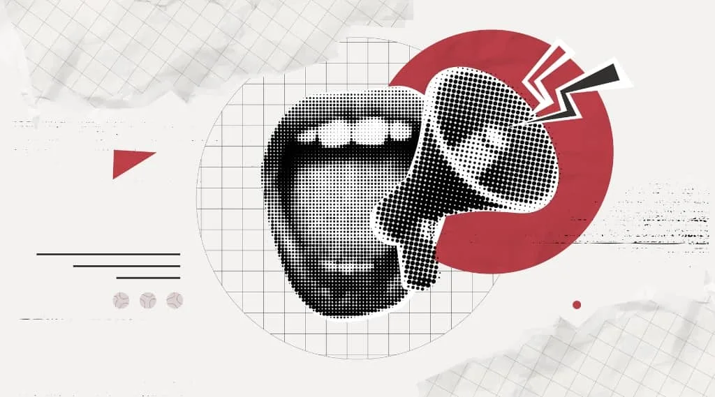 Artistic illustration of a mouth and megaphone, symbolising strong tone of voice in website copy and writing blogs to address customer pain points.