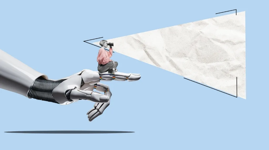 Apple AI Search: A stylised image of a robot hand holding a person looking through binoculars into a projected triangular search space.